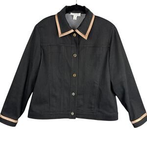 Vintage St. John Black Denim Jacket Leather Trim Signature Gold Buttons Size S